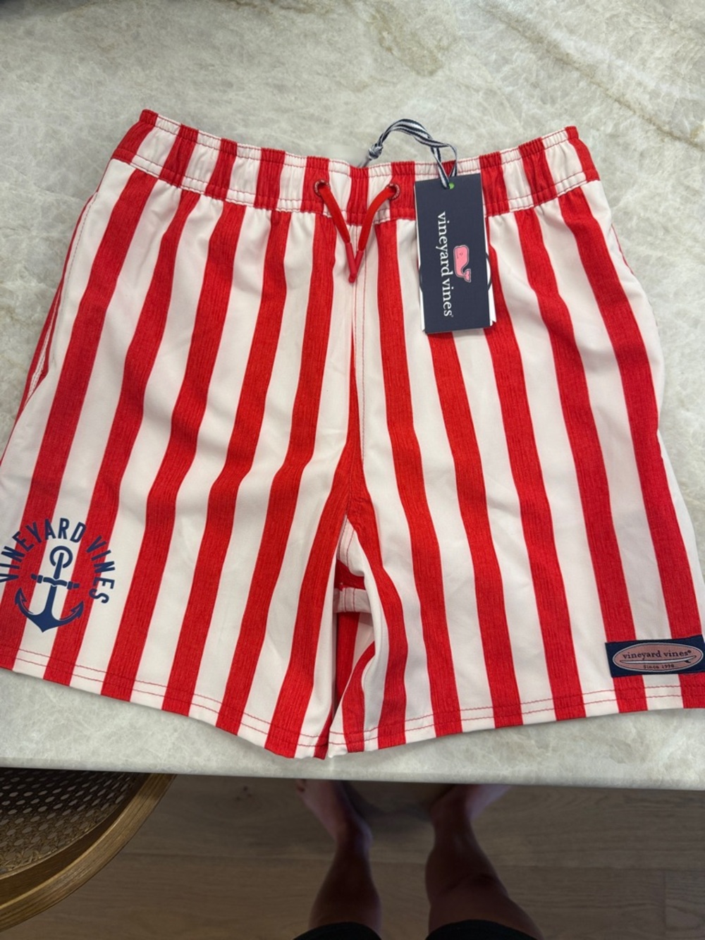 Vineyard Vines Red & White Vertical Stripe Swim Shorts with Anchor